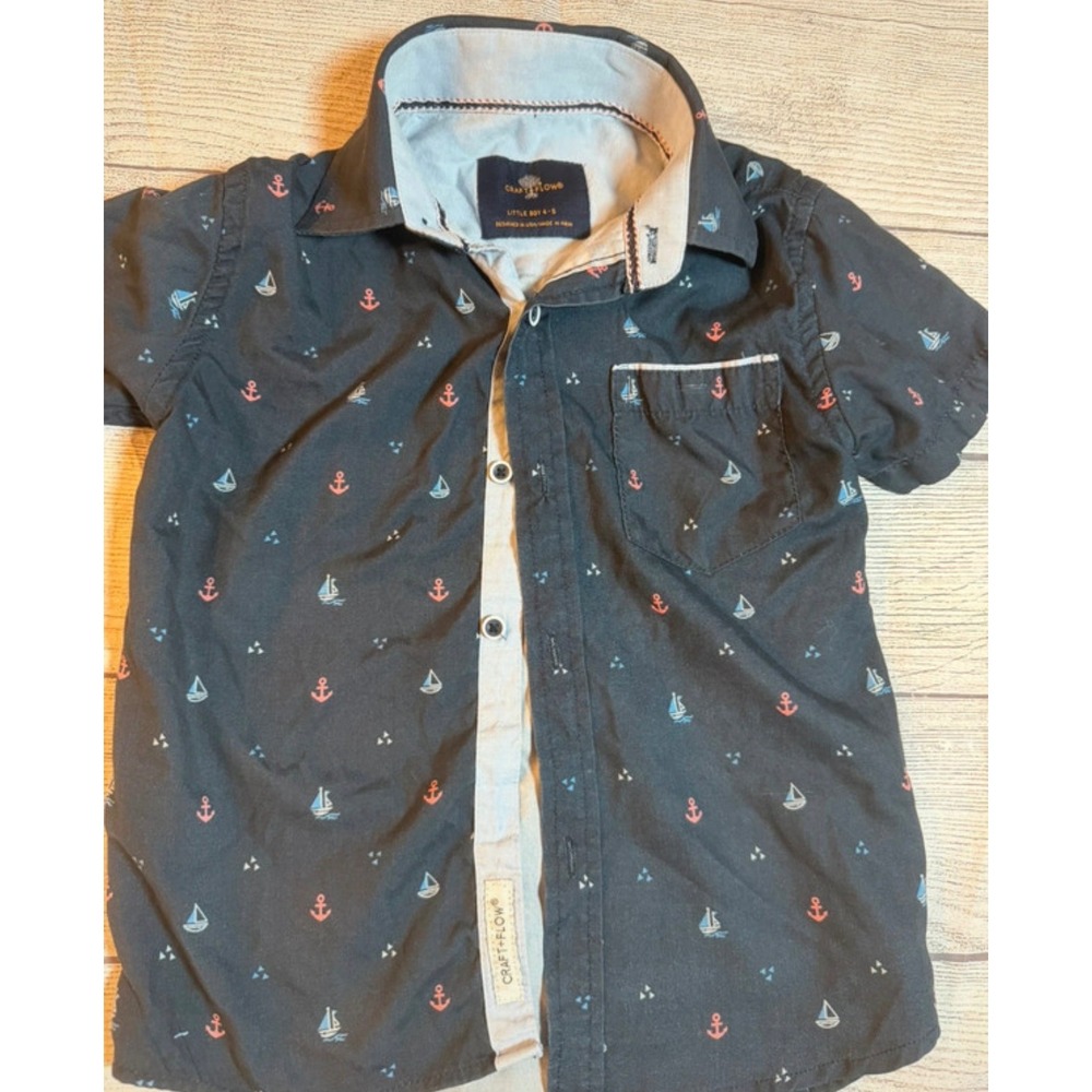 Craft + Flow Boys Navy Blue Nautical Anchor Sailboat Button Down Shirt Size 4T